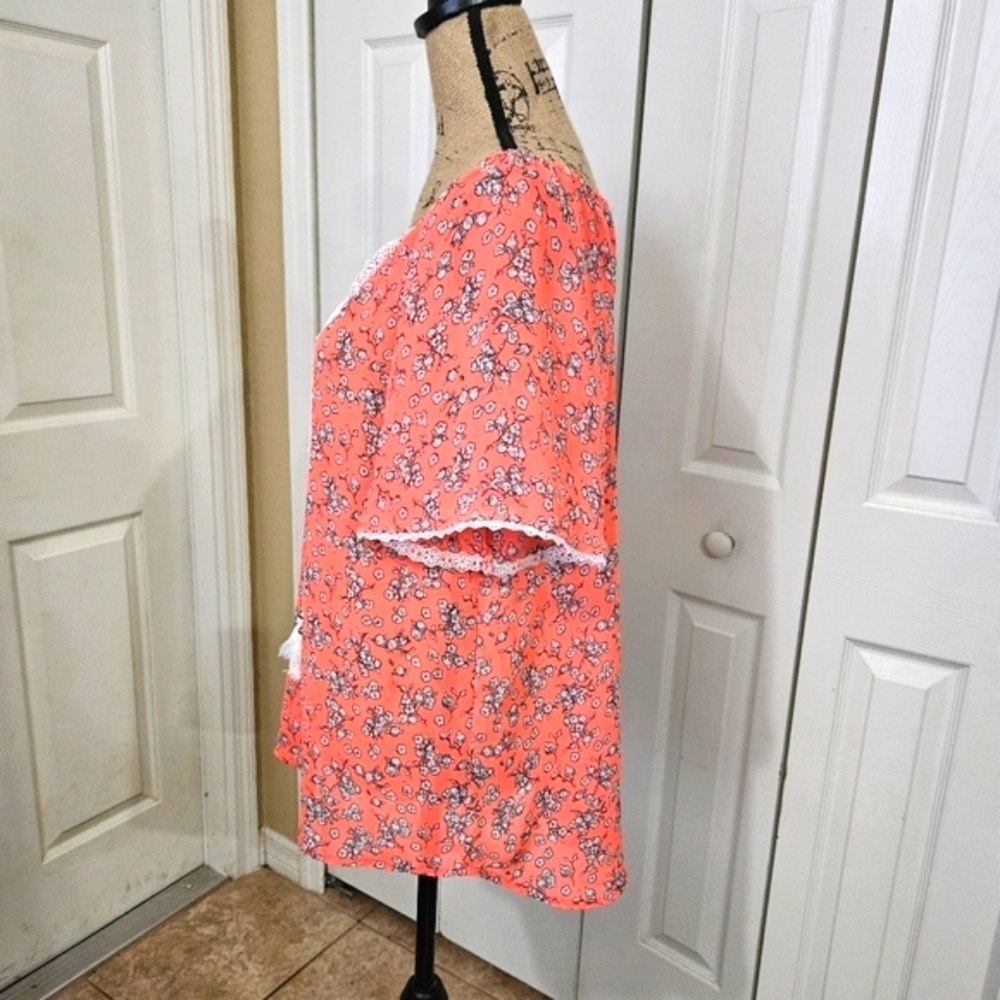 Democracy Boho Sheer Coral Lace Trimmed Blouse Size M - Picture 4 of 10